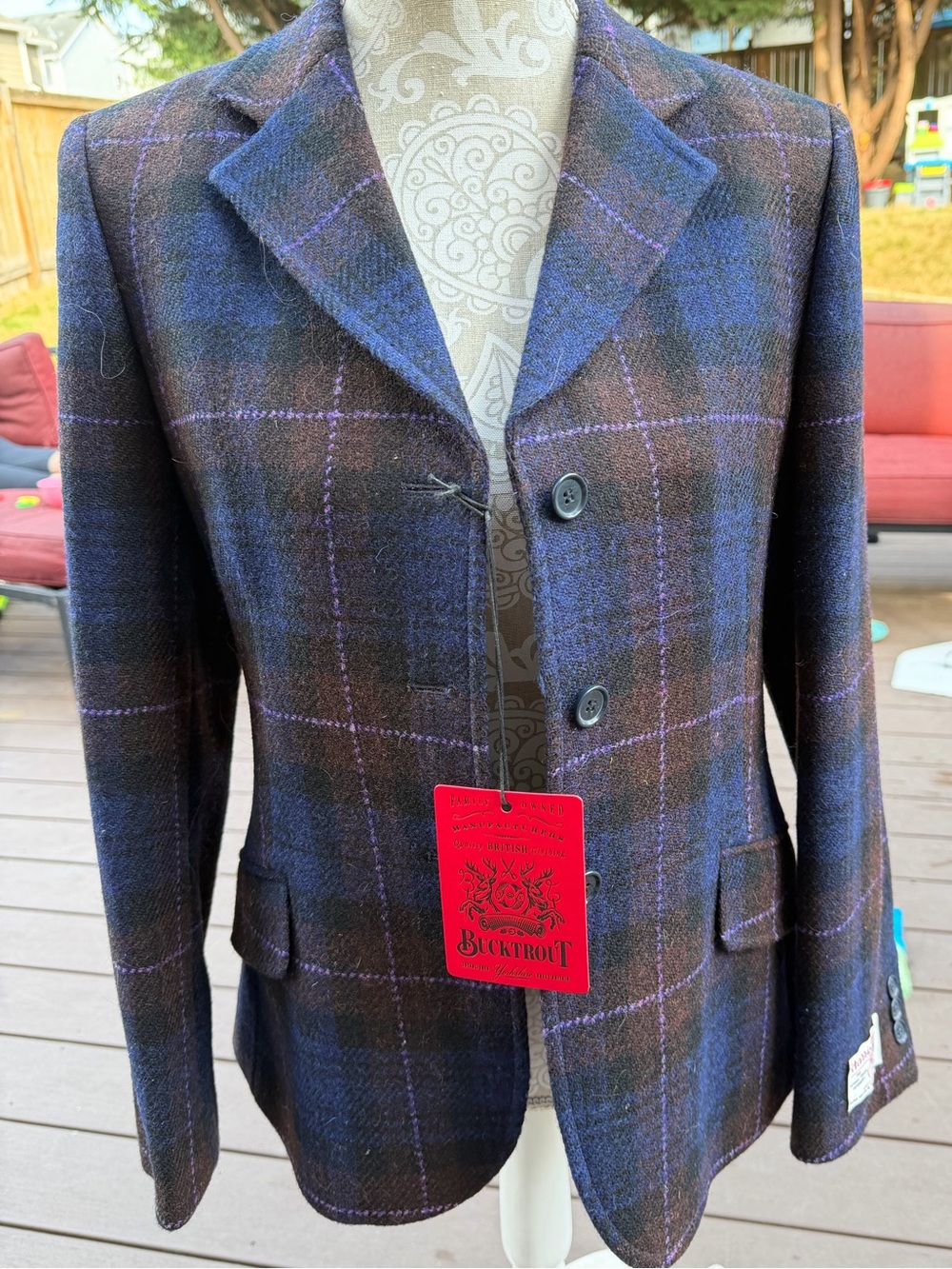 Bucktrout Harris Tweed Wool Blazer UK 12 Purple Plaid NWT Made Scotland